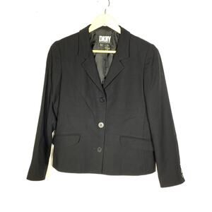 DKNY 100% wool black three button blazer jacket size 2